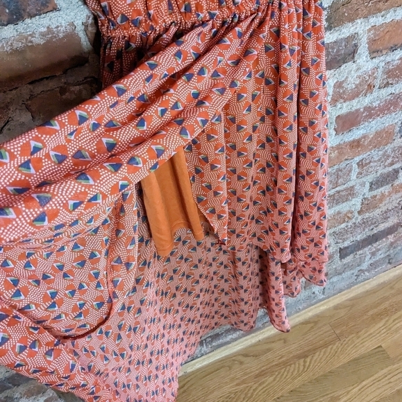 PNIINA Medium Orange Abstract‎ Asymmetrical Off the Shoulder Lined Dress - Picture 5 of 11